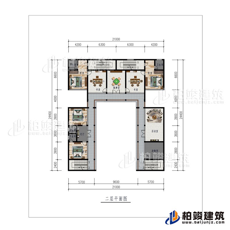 二層：棋牌室、2書(shū)房、活動(dòng)室、雜物間、4臥室、4內(nèi)衛(wèi)、過(guò)廊