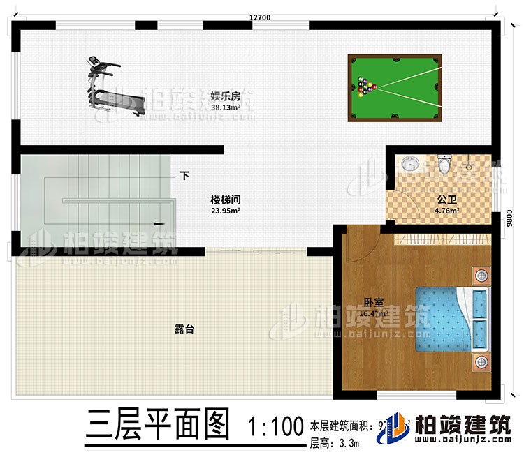 三層：娛樂室、樓梯間、公衛(wèi)、臥室、露臺