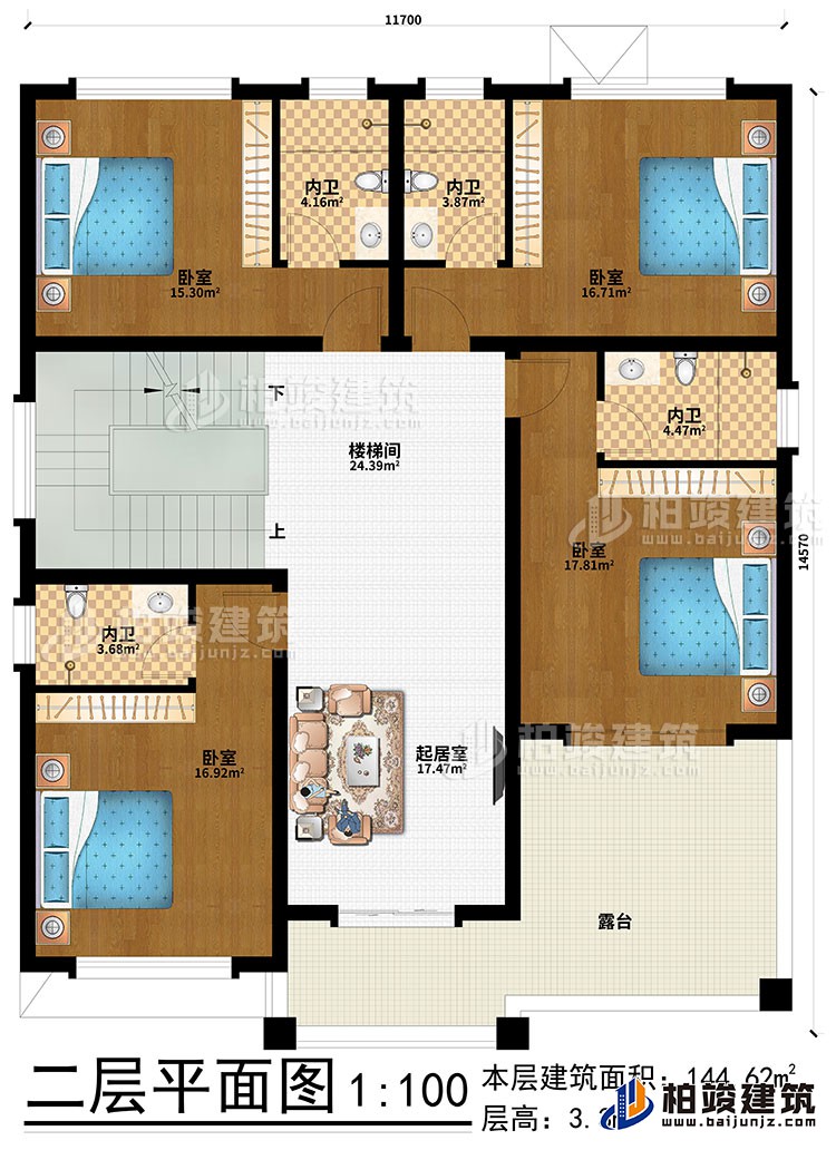 二層：起居室、樓梯間、4臥室、4內(nèi)衛(wèi)、露臺(tái)