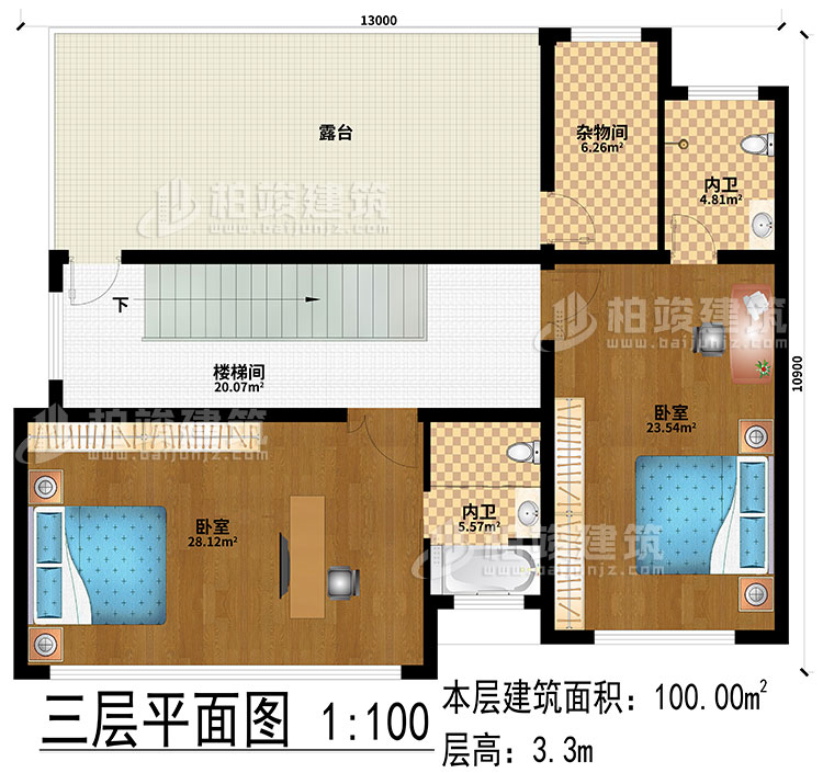 三層：2臥室、樓梯間、露臺(tái)、2內(nèi)衛(wèi)、雜物間