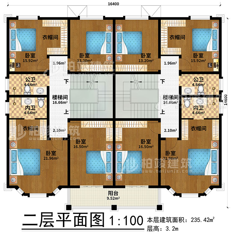二層：2樓梯間、8臥室、4衣帽間、2公衛(wèi)、2內(nèi)衛(wèi)、陽臺