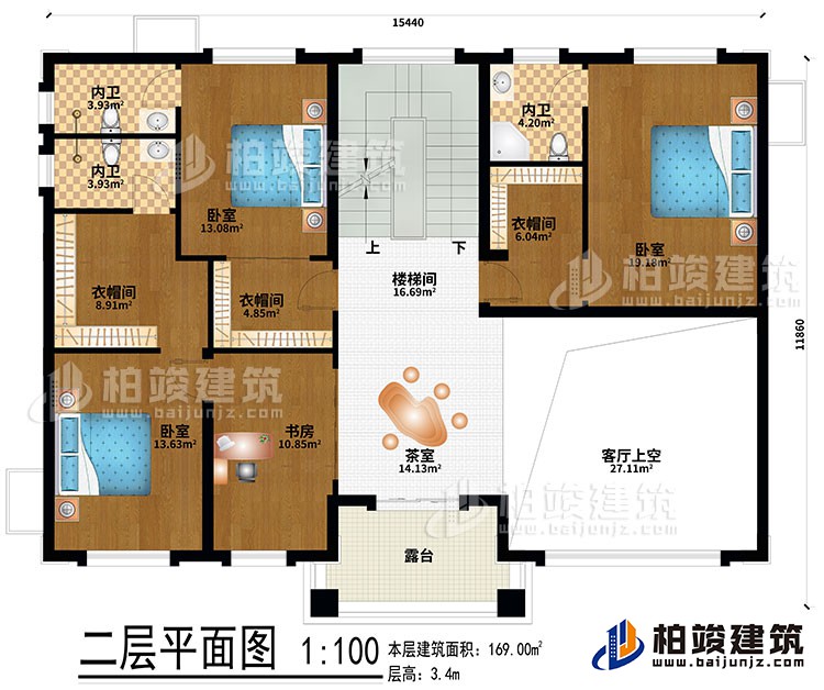二層：茶室、樓梯間、客廳上空、3臥室、3衣帽間、書(shū)房、3內(nèi)衛(wèi)、露臺(tái)