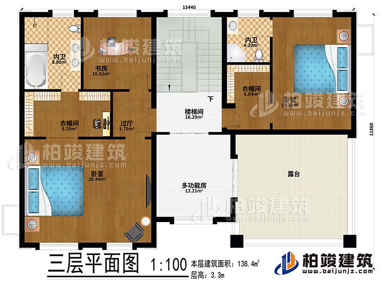 三層：2臥室、2衣帽間、過(guò)廳、書(shū)房、2內(nèi)衛(wèi)、多功能房、樓梯間、露臺(tái)