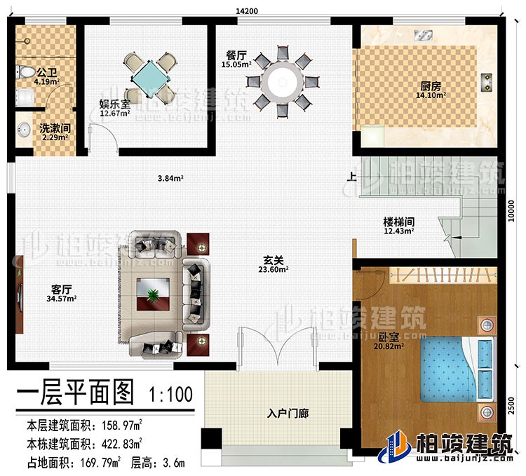 一層：入戶門廊、玄關(guān)、客廳、餐廳、廚房、娛樂室、樓梯間、臥室、洗漱間、公衛(wèi)