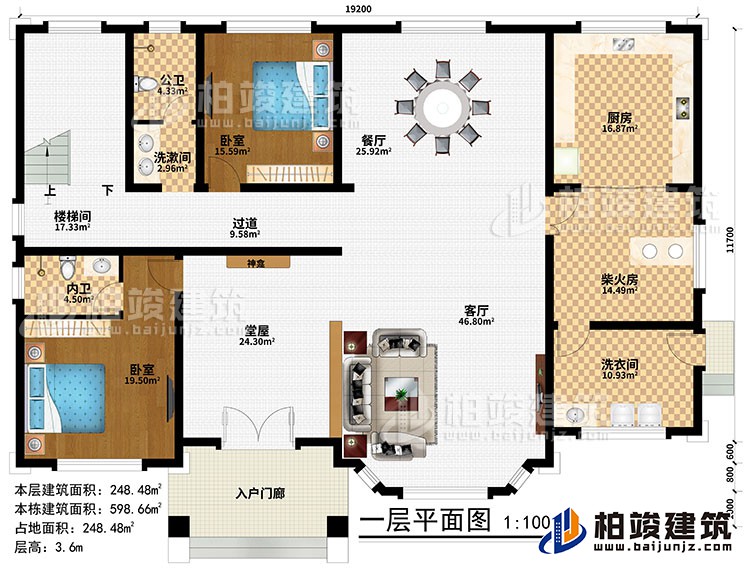 一層：入戶門廊、堂屋、神龕、客廳、餐廳、廚房、柴火房、2臥室、洗漱間、洗衣間、公衛(wèi)、內(nèi)衛(wèi)、過道、樓梯間