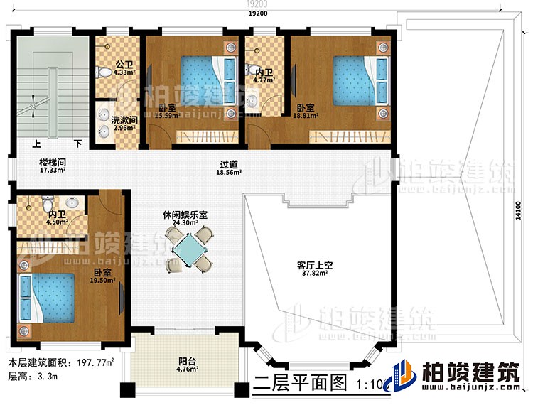 一層：休閑娛樂室、樓梯間、客廳上空、過道、3臥室、洗漱間、公衛(wèi)、2內(nèi)衛(wèi)、陽臺(tái)