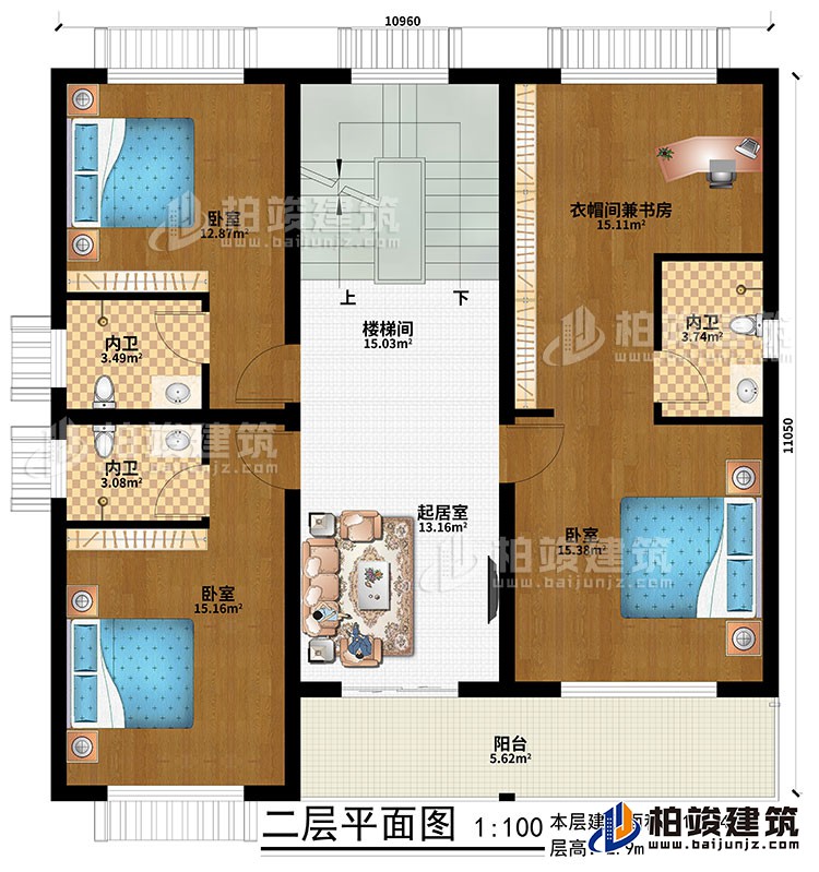 二層：起居室、樓梯間、3臥室、3內(nèi)衛(wèi)、衣帽間兼書房、陽臺