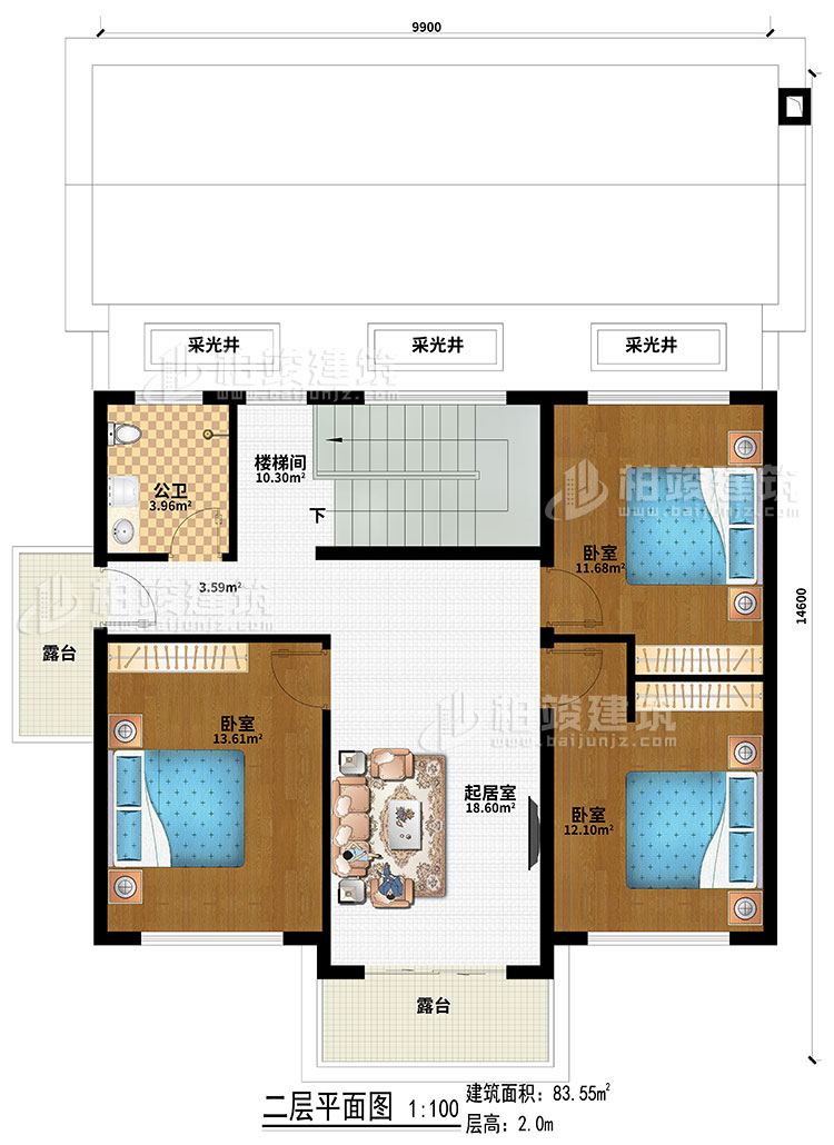 二層：3采光井、樓梯間、起居室、3臥室、2露臺