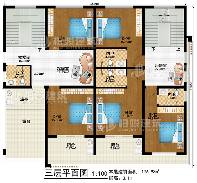 三層：2起居室、樓梯間、5臥室、公衛(wèi)、3內(nèi)衛(wèi)、2陽臺、涼亭、露臺