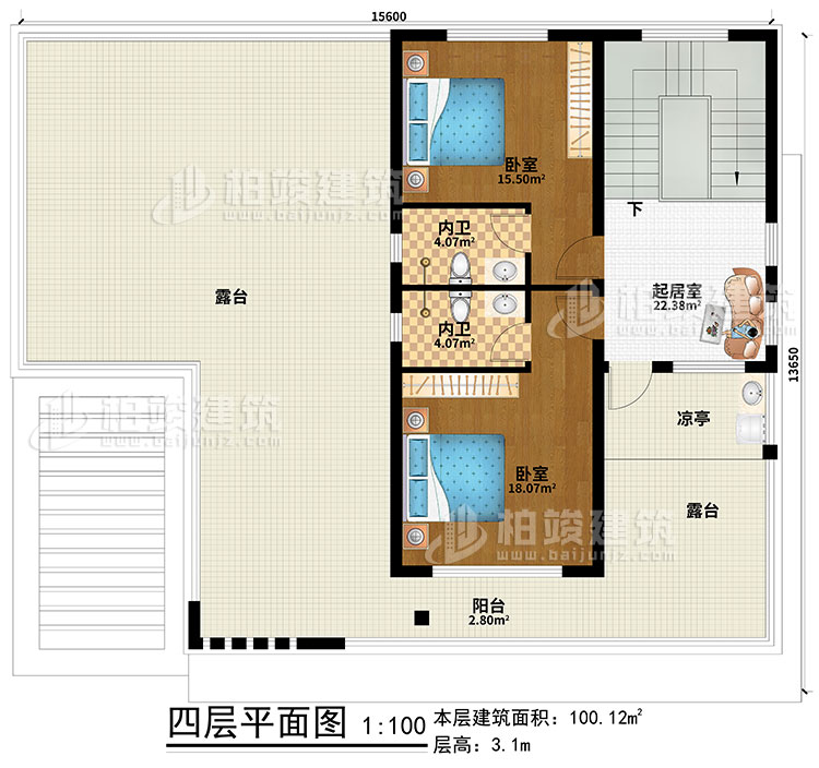 四層：起居室、2臥室、2內(nèi)衛(wèi)、涼亭、陽臺、2露臺