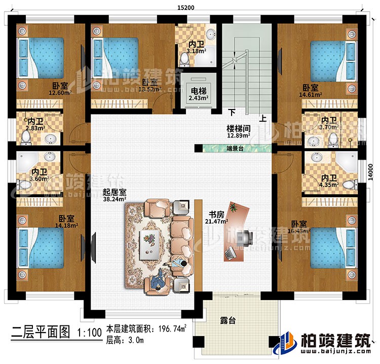 二層：樓梯間、端景臺、起居室、書房、5臥室、電梯、5內(nèi)衛(wèi)、露臺
