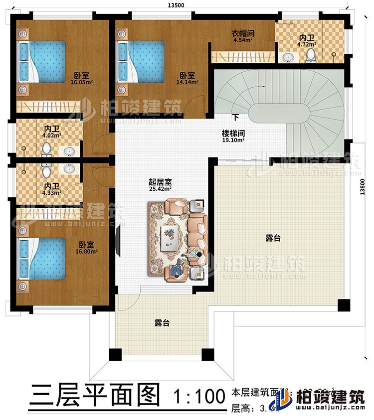 三層：樓梯間、起居室、3臥室、衣帽間、3內(nèi)衛(wèi)、2露臺