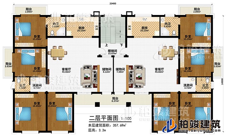二層：樓梯間、2客餐廳、2儲(chǔ)物間、2廚房、8臥室、5陽(yáng)臺(tái)、2內(nèi)衛(wèi)、2公衛(wèi)、2洗漱間