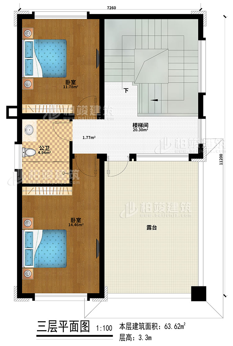 三層：2臥室、樓梯間、公衛(wèi)、露臺(tái)