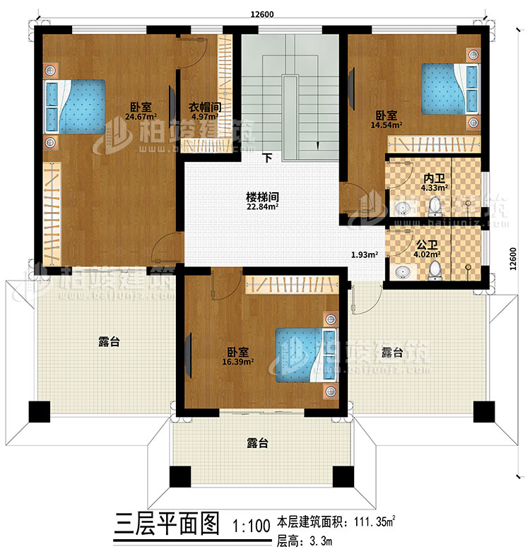 三層：樓梯間、3臥室、公衛(wèi)、內(nèi)衛(wèi)、3露臺、衣帽間