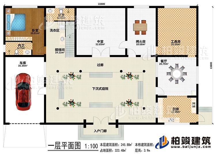 一層：入戶門廊、下沉式庭院、樓梯間、洗衣區(qū)、中堂、烤火房、工具房、餐廳、廚房、車庫、臥室、內衛(wèi)、過廊