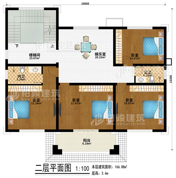二層：樓梯間、娛樂室、4臥室、公衛(wèi)、內(nèi)衛(wèi)、陽臺