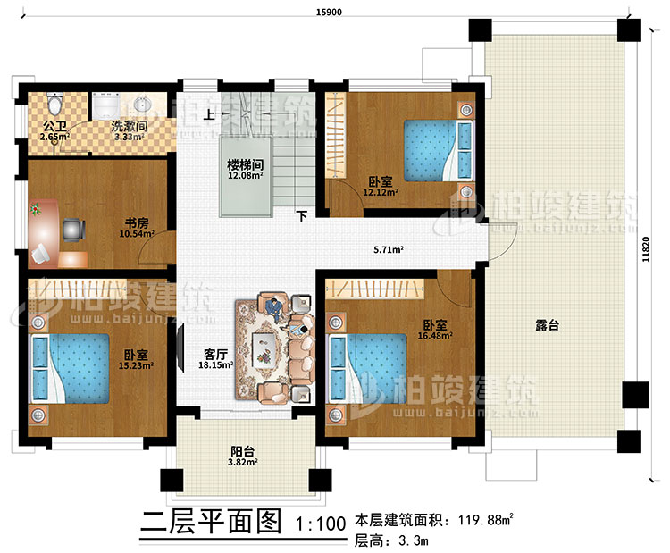 二層：客廳、樓梯間、3臥室、書(shū)房、洗漱間、公衛(wèi)、露臺(tái)、陽(yáng)臺(tái)