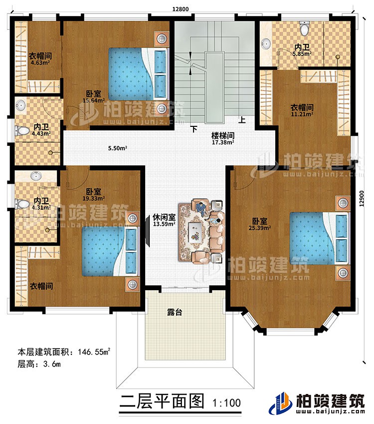 二層：樓梯間、休閑室、3臥室、3衣帽間、3內衛(wèi)、露臺
