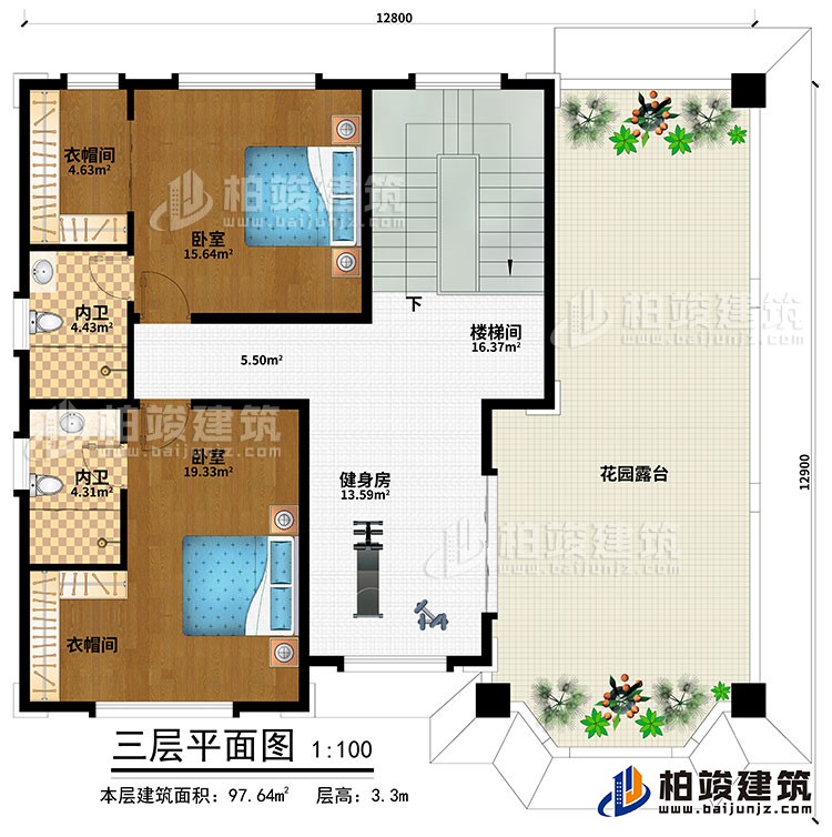 三層：健身房、樓梯間、2臥室、2衣帽間、2內衛(wèi)、花園露臺