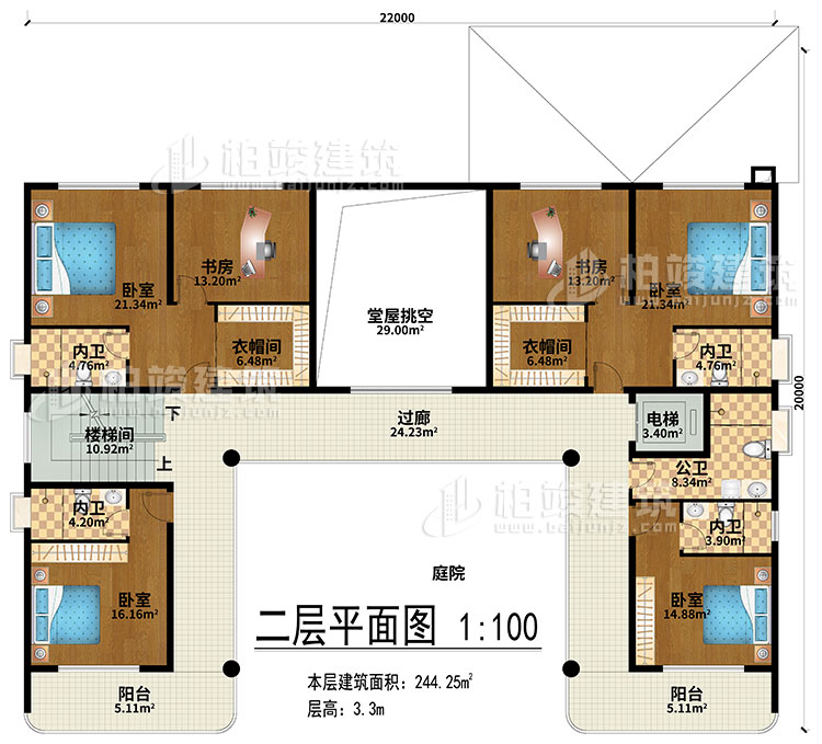 二層：堂屋挑空、過廊、樓梯間、電梯、4臥室、2衣帽間、2書房、4內(nèi)衛(wèi)、公衛(wèi)、2陽臺