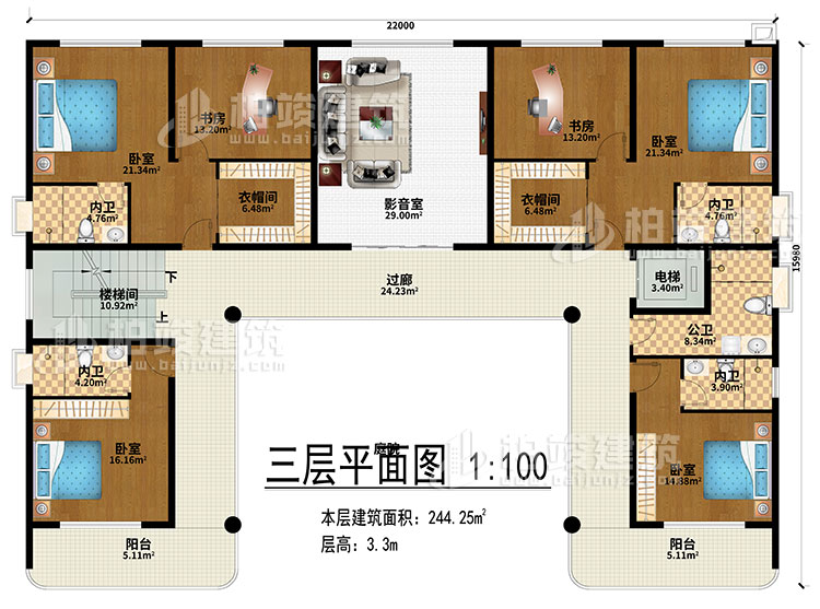 三層：影音室、過廊、樓梯間、電梯、4臥室、2衣帽間、2書房、4內(nèi)衛(wèi)、公衛(wèi)、2陽臺