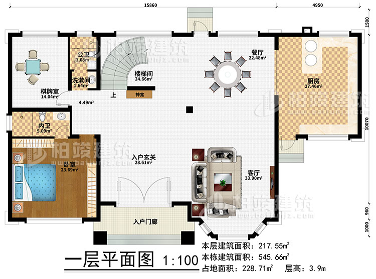 一層：樓梯間、3臥室、衣帽間、公衛(wèi)、內(nèi)衛(wèi)、陽光房、涼亭、2露臺