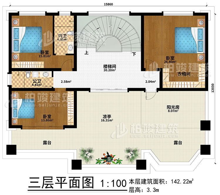 三層：樓梯間、3臥室、衣帽間、公衛(wèi)、內(nèi)衛(wèi)、陽光房、涼亭、2露臺