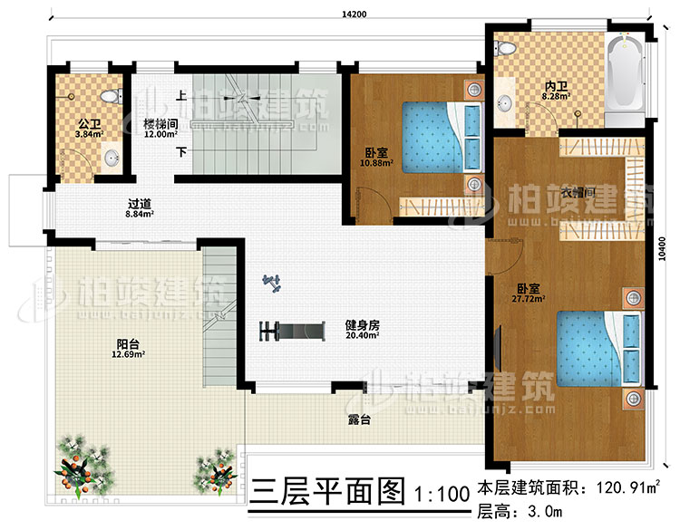 三層：健身房、樓梯間、2臥室、衣帽間、過道、公衛(wèi)、內(nèi)衛(wèi)、陽臺、露臺
