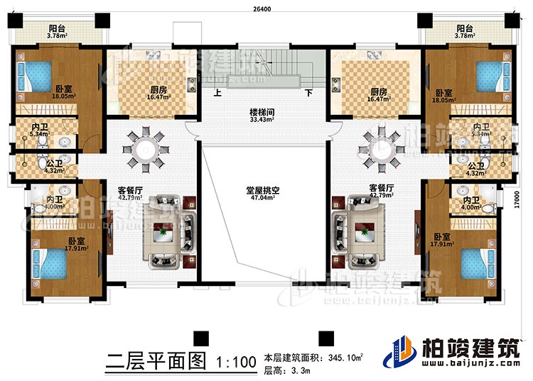 二層：堂屋挑空、樓梯間、2廚房、2客餐廳、4臥室、2公衛(wèi)、4內(nèi)衛(wèi)、2陽(yáng)臺(tái)