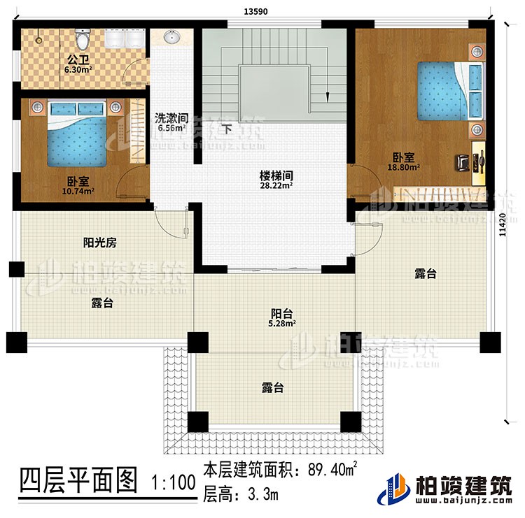 四層：樓梯間、洗漱間、2臥室、陽光房、公衛(wèi)、陽臺、3露臺