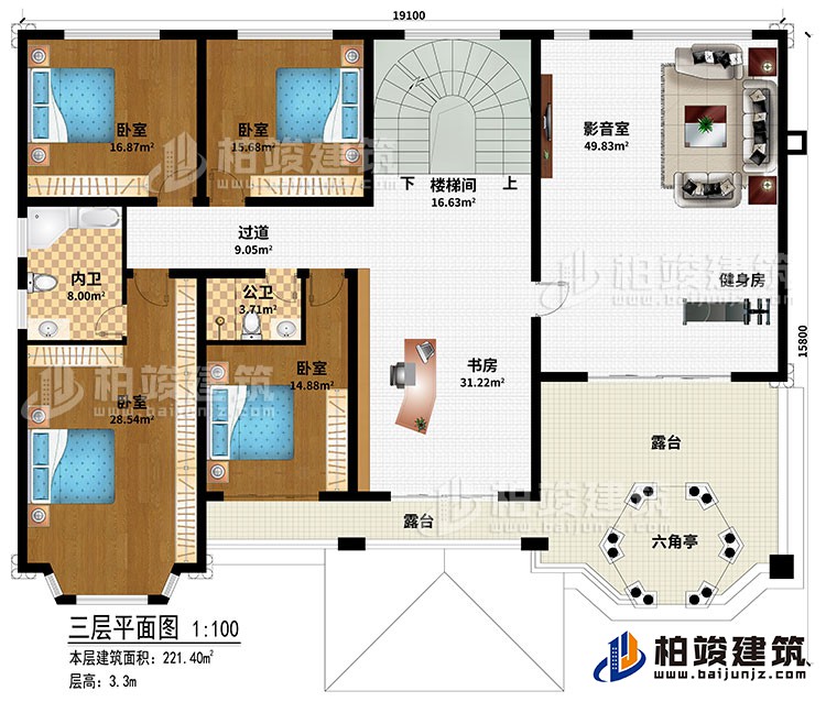 三層：樓梯間、書房、過道、4臥室、公衛(wèi)、內(nèi)衛(wèi)、影音室、健身房、2露臺、六角亭
