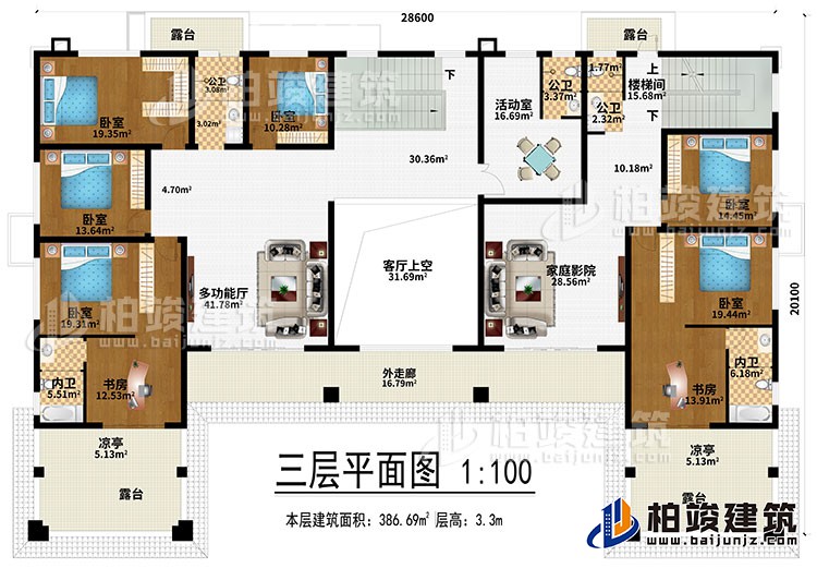 三層：多功能廳、客廳上空、家庭影院、6臥室、2書房、活動(dòng)室、3公衛(wèi)、2內(nèi)衛(wèi)、4露臺(tái)、2涼亭、外走廊、樓梯間