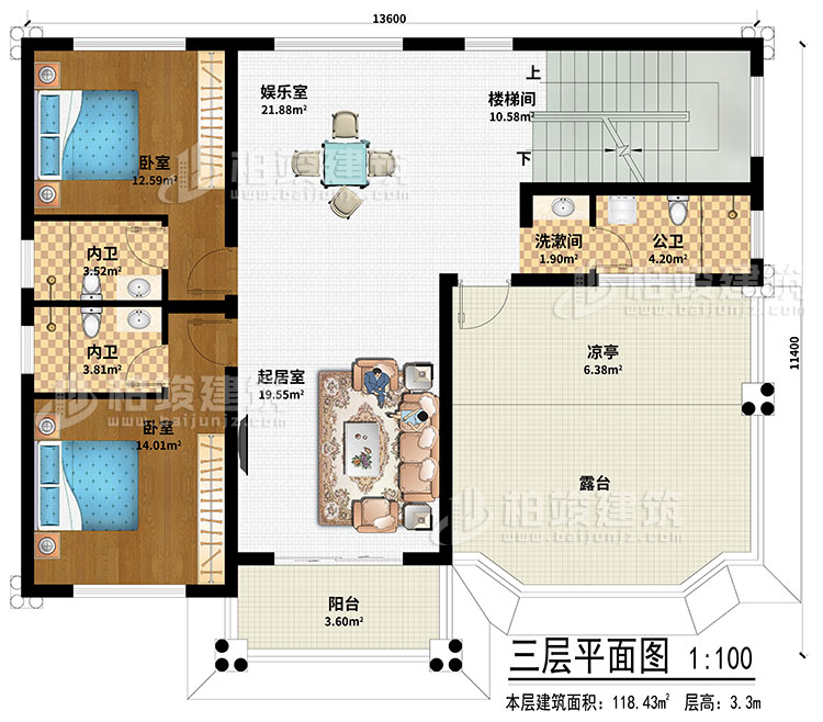 三層：起居室、娛樂室、樓梯間、2臥室、洗漱間、公衛(wèi)、2內(nèi)衛(wèi)、涼亭、陽臺、露臺