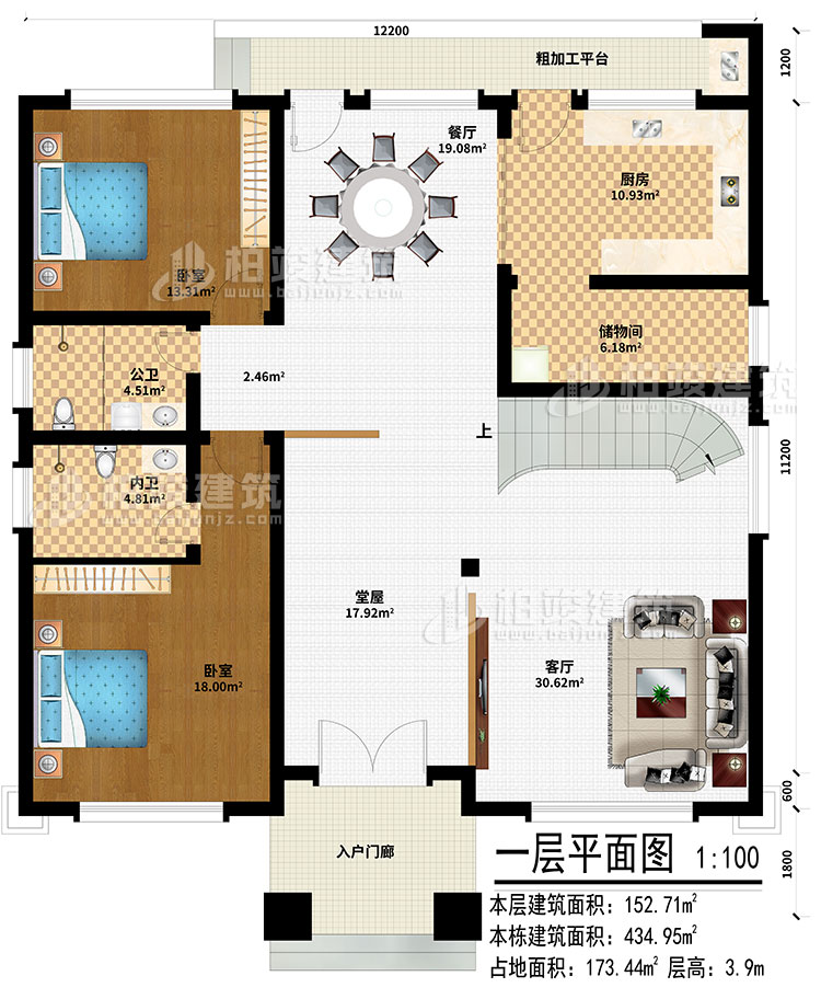 一層：入戶門廊、堂屋、客廳、餐廳、廚房、儲物間、2臥室、公衛(wèi)、內(nèi)衛(wèi)、粗加工平臺