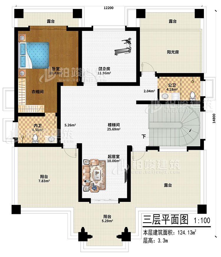 三層：起居室、樓梯間、健身房、陽光房、臥室、衣帽間、內(nèi)衛(wèi)、公衛(wèi)、2陽臺、3露臺