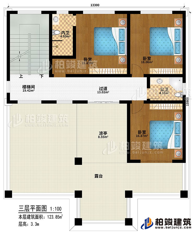 三層：樓梯間、過道、3臥室、公衛(wèi)、內衛(wèi)、涼亭、露臺