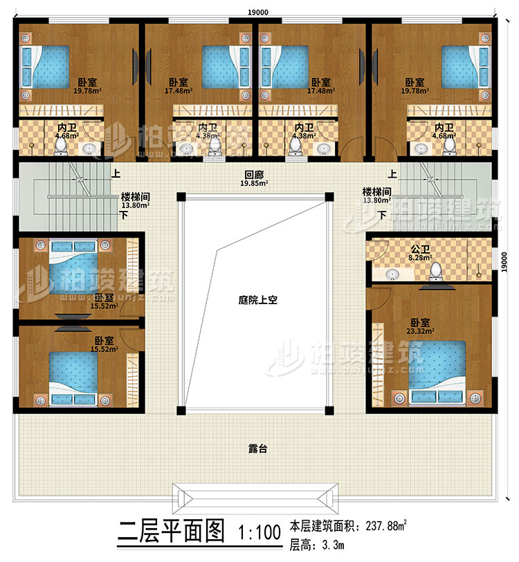 二層：回廊、露臺、庭院上空、2樓梯間、7臥室、4內(nèi)衛(wèi)、公衛(wèi)