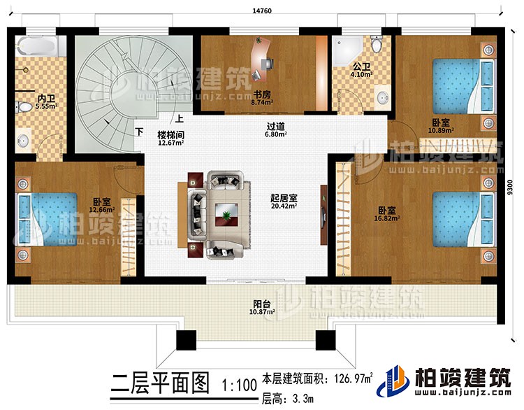 二層：起居室、樓梯間、過(guò)道、3臥室、書(shū)房、公衛(wèi)、內(nèi)衛(wèi)、陽(yáng)臺(tái)