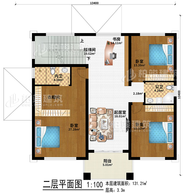 二層：室外觀景露臺、地下車庫入口、入戶門廊、玄關(guān)、客廳、神龕、茶室、樓梯間、2臥室、公衛(wèi)、內(nèi)衛(wèi)