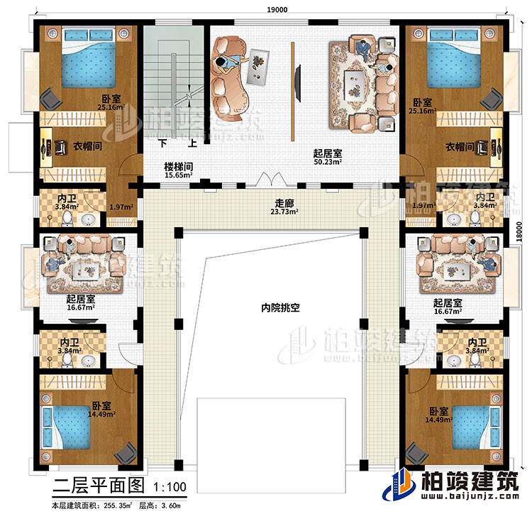 二層：樓梯間、走廊、內(nèi)院挑空、起居室、4臥室、2衣帽間、3起居室、4內(nèi)衛(wèi)