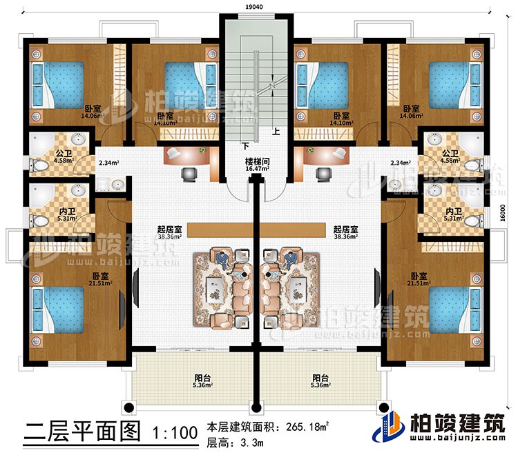 二層：2起居室、樓梯間、6臥室、2公衛(wèi)、2內(nèi)衛(wèi)、2陽(yáng)臺(tái)