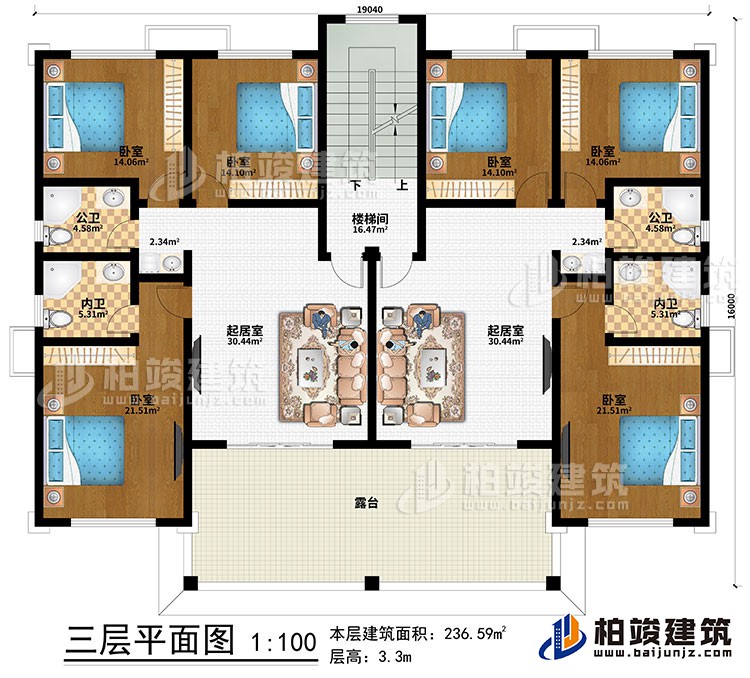 三層：2起居室、樓梯間、6臥室、2公衛(wèi)、2內(nèi)衛(wèi)、露臺(tái)