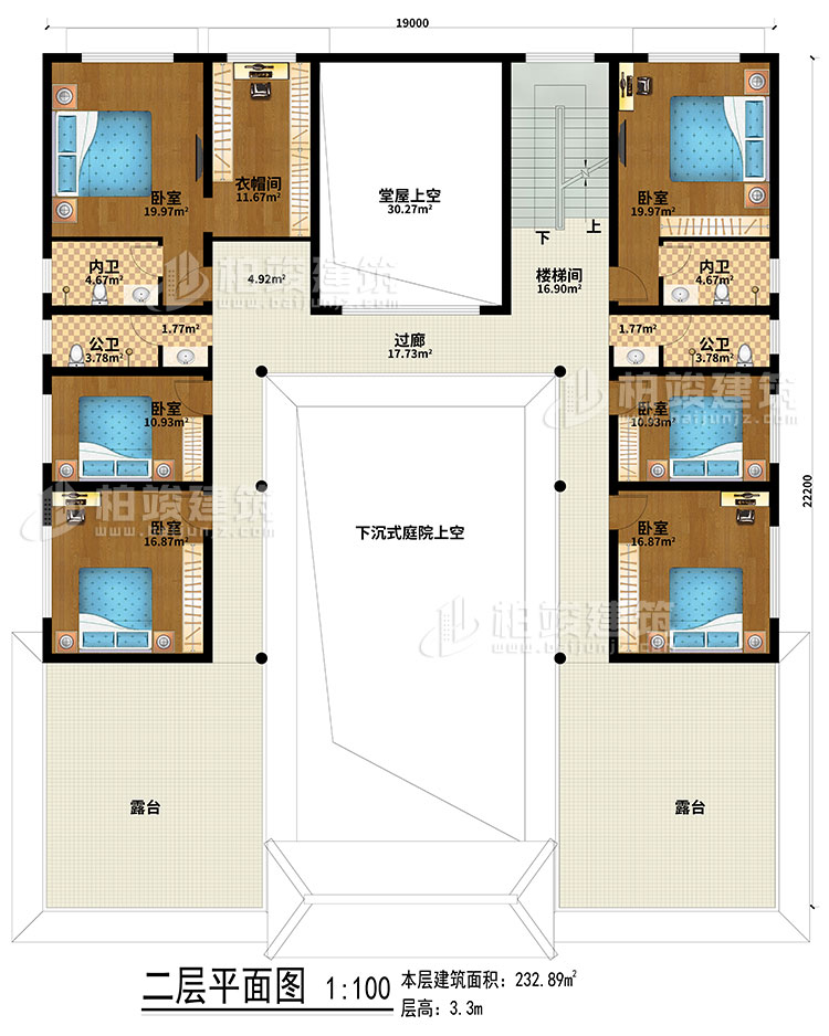 二層：下沉式庭院上空、堂屋上空、樓梯間、過廊、6臥室、衣帽間、2公衛(wèi)、2內衛(wèi)、露臺