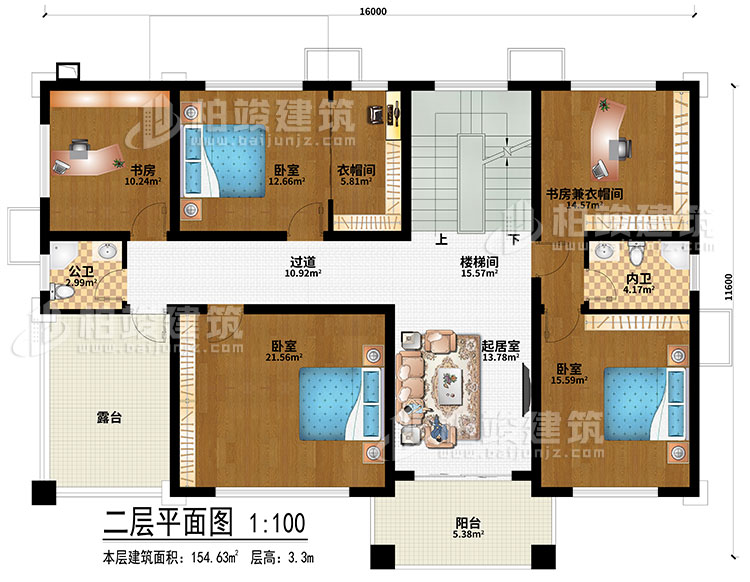 二層：樓梯間、過道、起居室、3臥室、書房、書房兼衣帽間、衣帽間、公衛(wèi)、內(nèi)衛(wèi)、露臺(tái)、陽(yáng)臺(tái)