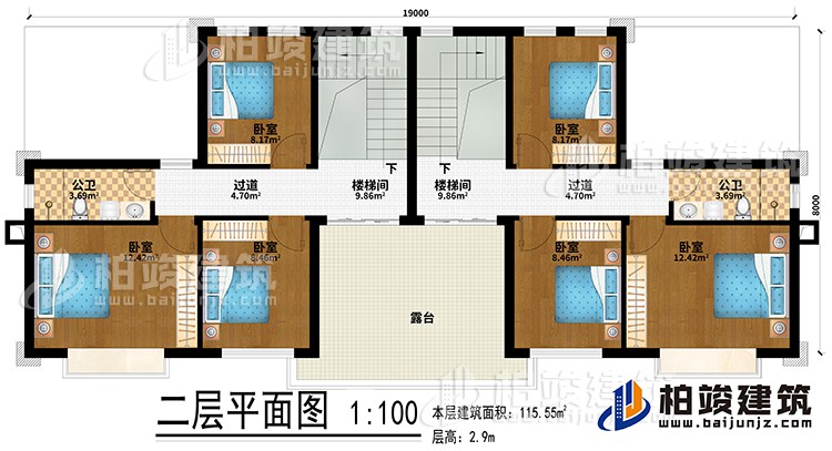 二層：2樓梯間、6臥室、2公衛(wèi)、2過道、露臺(tái)