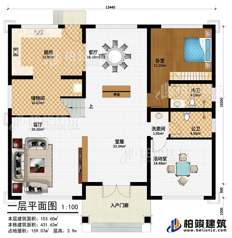 一層：入戶門廊、堂屋、神龕、客廳、儲物間、廚房、餐廳、活動室、臥室、洗漱間、公衛(wèi)、內(nèi)衛(wèi)