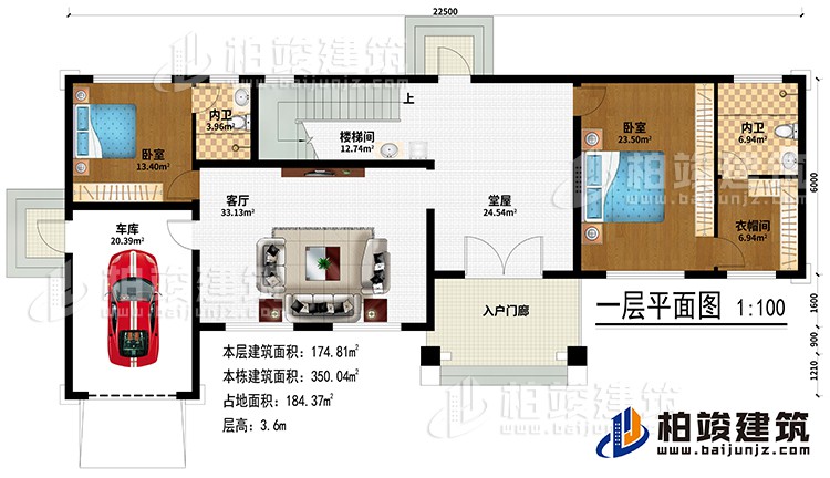 一層:入戶門廊、堂屋、客廳、車庫(kù)、樓梯間、2臥室、衣帽間、2內(nèi)衛(wèi)