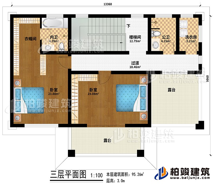 三層：樓梯間、過道、2臥室、衣帽間、內(nèi)衛(wèi)、公衛(wèi)、洗衣房、2露臺(tái)