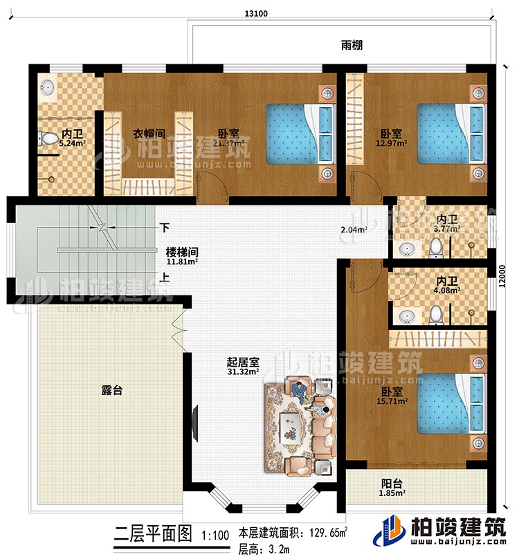 二層：樓梯間、起居室、雨棚、3臥室、衣帽間、3內(nèi)衛(wèi)、陽臺(tái)、露臺(tái)